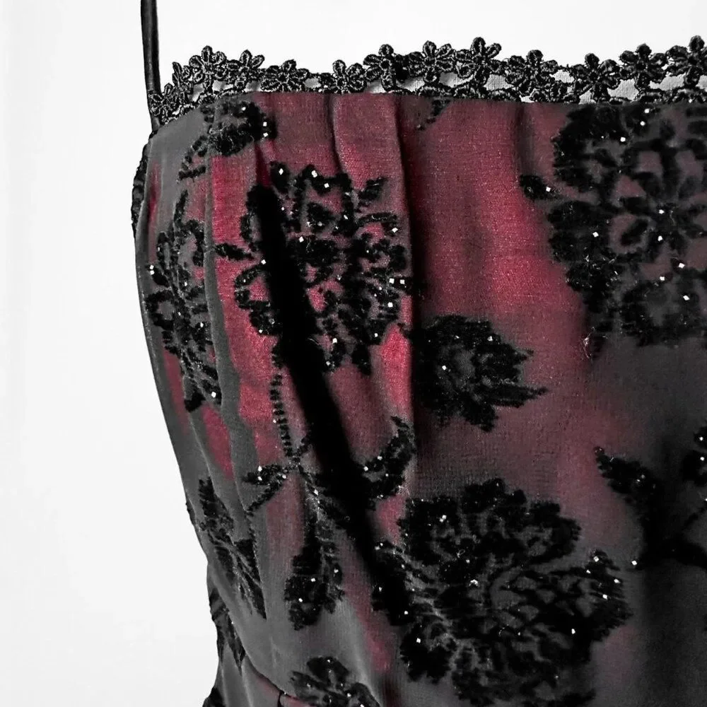 Vintage Y2K Burgundy Red Floral Velvet Side Slit Mesh Bodycon Maxi Prom Dress M